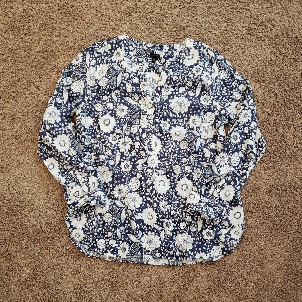 Talbots 100% linen floral long sleeve tunic top blue white L